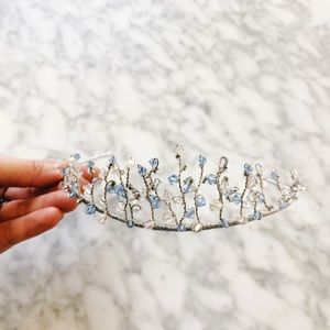Light blue and silver beaded tiara headband crown